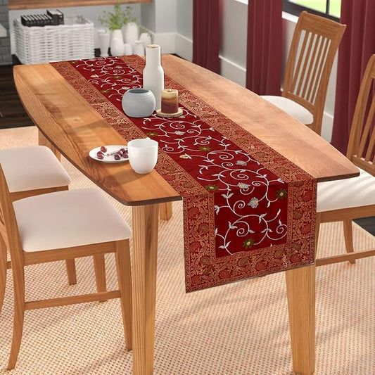 Indian Silk Table Runner Mate Cover Brocade Handmade Table Tapestry Tablecloth Maroon Color 152X42 Cm by Unknown