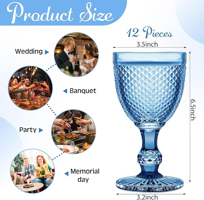Bokon 12 Pack Blue Glass Goblets Set 10 oz High Clear Wine Glass Vintage Water Goblets Cups Embossed Diamond Design Glassware with Stem for Drinking Juice Liquor Party Wedding Bar - Image 3