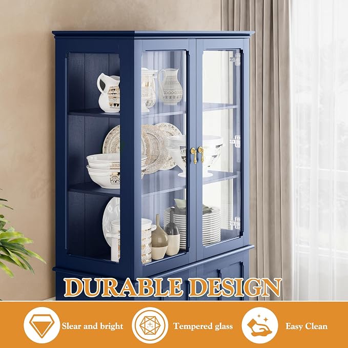 72" Tall Kitchen Pantry Cabinet with Glass Door and Adjustable Shelves, Vintage Food Storage Cabinet for Kitchen, Dining Room, Living Room, Dark Blue - Image 4