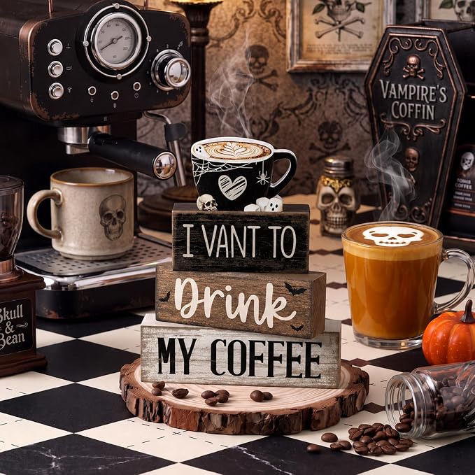 Moucuny 4 Pcs Halloween Table Decorations Spooky Coffee Wooden Stacked Block Decor, "I Vant to Drink My Coffee" Signs with Ghost Mug Topper, Halloween Tiered Tray Decor for Home Office Kitchen Bar - Image 2