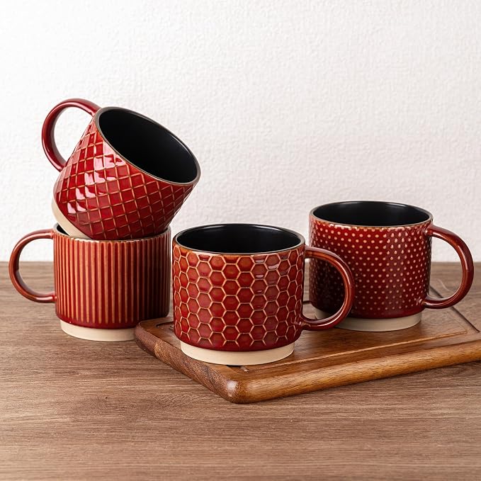 GBhome 15 OZ Stackable Coffee Mugs Set of 4, Ceramic Coffee Cups Set | 4 Assorted Designs, Embossed Mugs with Texture Patterns for Tea/Coffee, Dishwasher&Microwave Safe, Red by GBhome