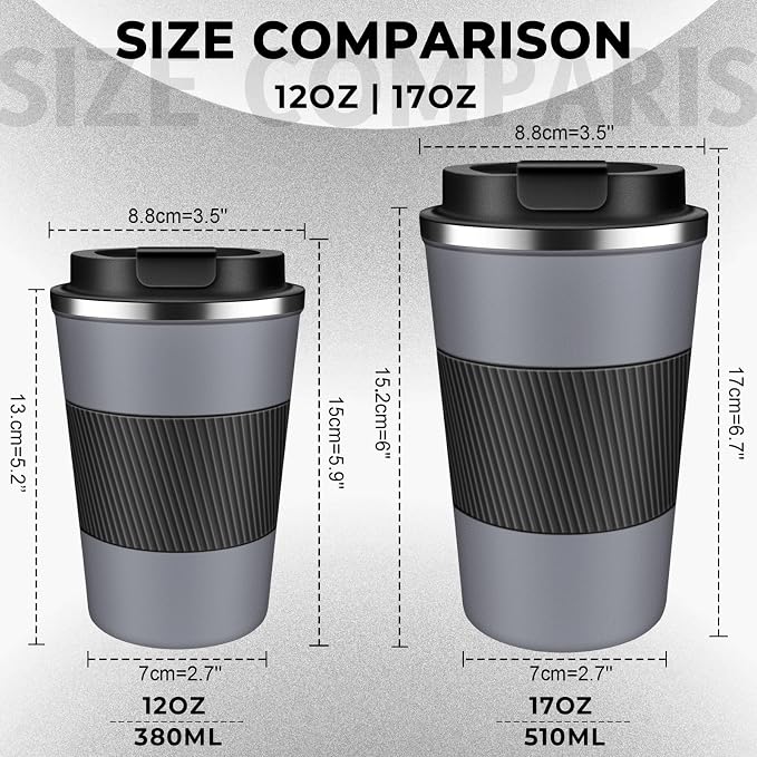 Insulated Coffee Tumbler 12 oz, Stainless Steel Coffee Mug with Lids, Travel Coffee Mug Leak Proof, Double Wall Vacuum Insulated Reusable Coffee Cup, Keep Drinks Hot and Cold (Gray, 12 Ounces) - Image 2