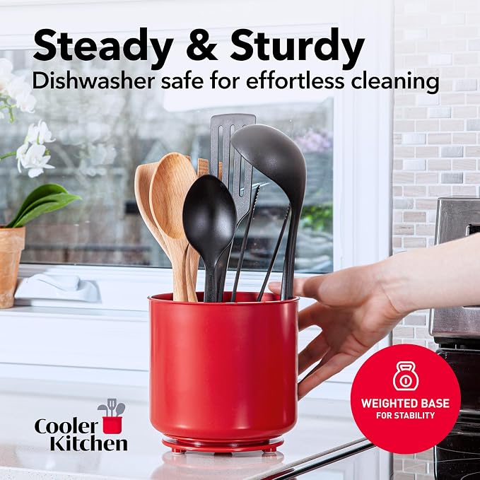 Extra Large Rotating Red Utensil Holder with Sturdy No-Tip Weighted Base, Removable Divider, and Gripped Insert | Rust Proof and Dishwasher Safe Kitchen Utensils Holder by Cooler Kitchen 7*7 Inches - Image 4