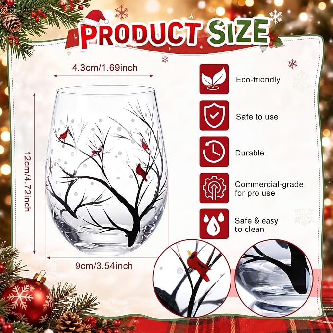 Yungyan 4 Pack Christmas Stemless Wine Glasses, 15 oz Hand Painted Holiday Drinking Tumblers with Cardinal & Snowy Tree Branch Design, Festive Winter Glassware for Xmas Party, Cabin, Home Decor - Image 2