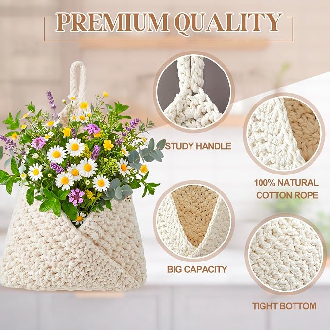 Honeydak Boho Decor Hanging Wall Baskets for Kitchen 3 Pack Teardrop Baskets with Hooks Storage Fruit Onion Vegetable Potato for Home 3 Sizes (White,Triangle,Cotton Rope) - Image 3
