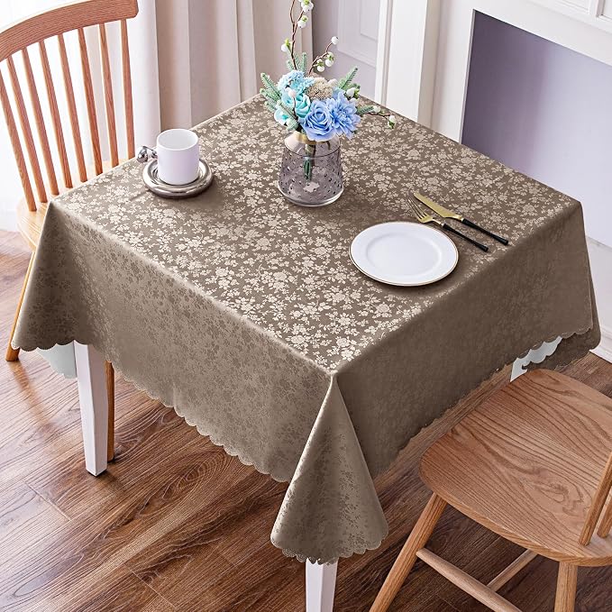 Smiry Square Waterproof Heavy Duty Vinyl Tablecloths, 54 x 54 Inch | Wipeable Washable Floral Embossed Table Cover for Kitchen and Dining Room, Indoor & Outdoor Use, Taupe by Smiry