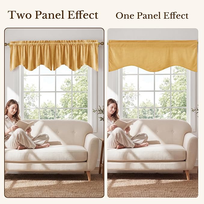 Yellowish Gold Scalloped Velvet Valance, Luxury Gold Wavy Window Treatments for Kitchen, Decorative Rod Pocket Short Drapes for Farmhouse, 52x18 Inch, 4 Panel Set - Image 7