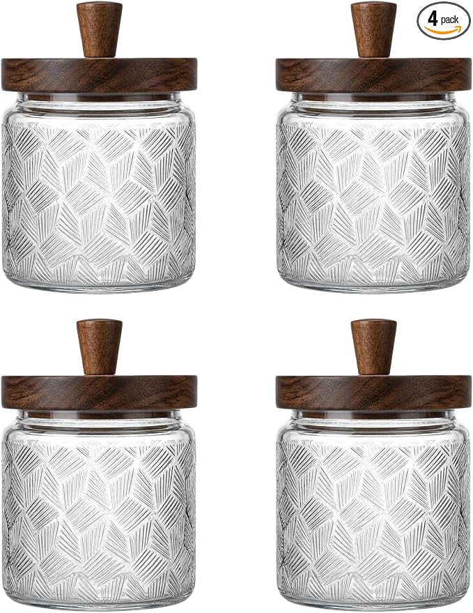 Vintage Glass Jars with Airtight Wood Lids & Handles - 16.9 OZ Set of 4 - Coffee Jars,Tea Canisters,Candy Jars for Flour,Sugar- Kitchen Pantry Containers (4, Rippling wheat pattern) by Unknown