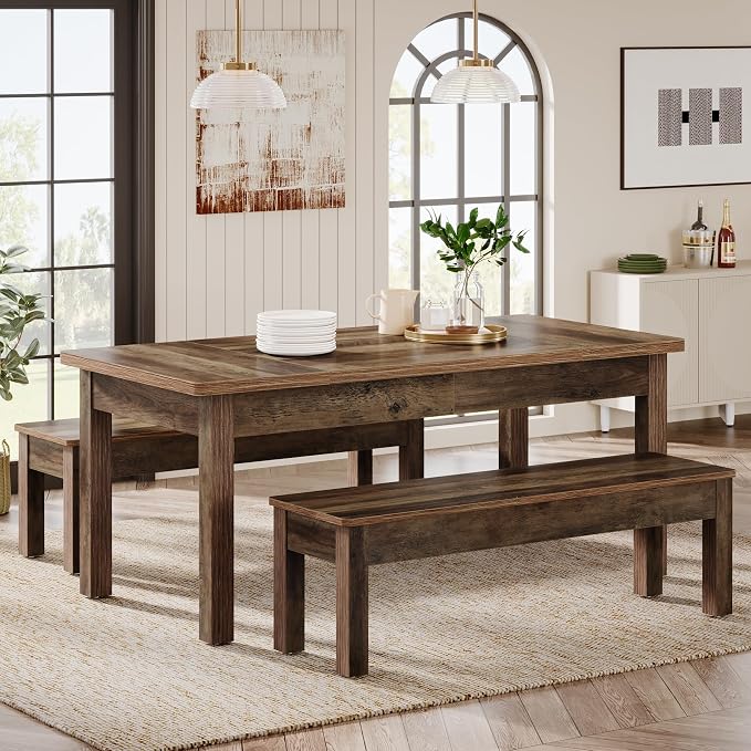 Tribesigns Farmhouse Kitchen Table Set for 4-6, 55-Inch Wooden Dining Table with 2 Benches, Space Saving 3 Pieces Heavy Duty Dinette for Dining Room, Kitchen, Small Space (Wood Hemp) by Unknown