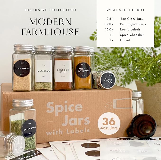 FINESSY Thick Glass Spice Jars With Metal Lids And Labels, 4oz 36 Pack | Empty Glass Spice Bottles With Airtight Metal Lids, Shaker Inserts, Waterproof Labels (200 Pre-Printed, 40 Blank) And Funnel - Image 3