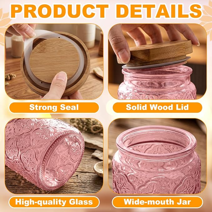LemonRoad 4 Pcs Vintage Pink Glass Storage Jars 23.7 oz Mason Jar Canister with Wood Lids Food Storage Container for Cookie, Pantry, Candy Kitchen, Coffee, Tea, Flour, Sugar, Decorative Home Decor - Image 3
