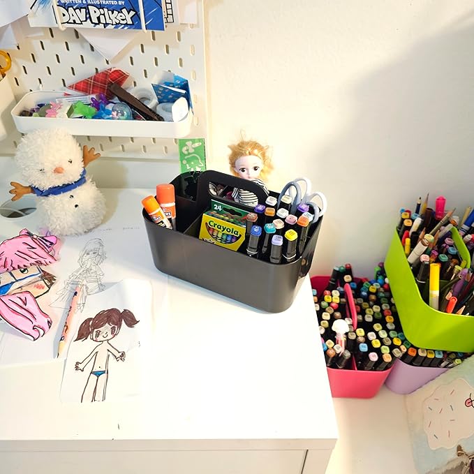 2 Pack Small 6 Compartment Multiuse Caddy Organizer with Handle Art Craft Supplies, Office, Desk, Stationery Pen Holder Stackable- Made In USA (Black/Pink)