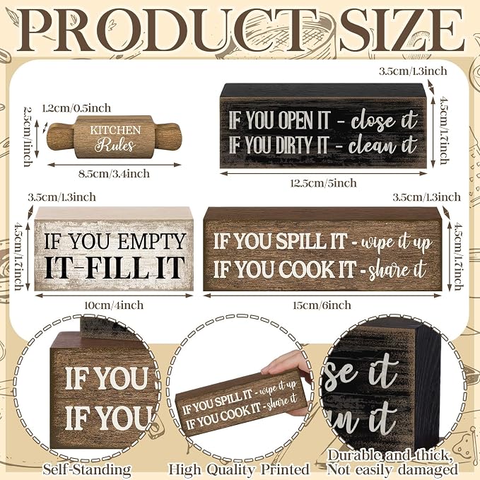 Moucuny 4 Pcs Rustic Wooden Table Decor Farmhouse Kitchen Rules Wood Sign Black Brown and White Centerpiece Rolling Pin Block Sign for Home Living Room Dining Room Shelf Table Decor - Image 2