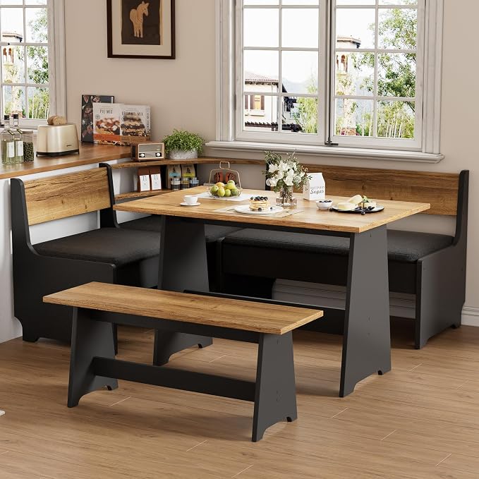 PAKASEPT Corner Breakfast Nook Table Set with Cushion, L-Shape Kitchen Dining Table with Bench, Farmhouse Wood Breakfast Nook Bench with Hidden Storage,Black - Image 8