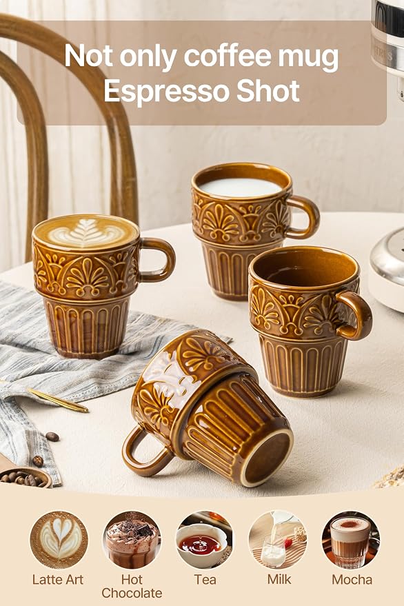 Ceramic Coffee Mug, Stackable Mug 3.3 OZ Coffee Mugs, Espresso Cups, Mugs Set of 6 for Latte Milk Hot Chocolate, for Men Women Kids, Ideal for Home Restaurant Daily Use & Holiday Gifting, Brown - Image 4