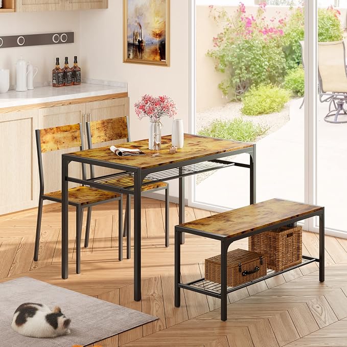 Gizoon 4-Piece Dining Table Set for 4, Kitchen Table with Bench Rustic | Space-saving rustic 4-piece dinette set with metal storage rack. Includes 2 ergonomic chairs and 1 bench. Easy to clean. - Image 8