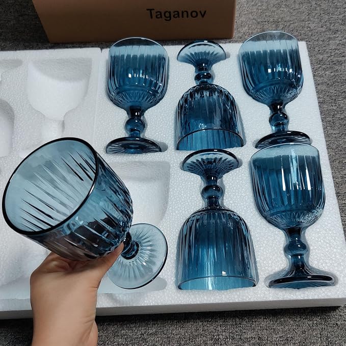 Taganov Blue Glasses Drinking Wine Water Goblets set of 6 Colored Stemware Vintage Glassware 11 ounce for Wedding Party Bar Vertical Embossed Pattern Stemmed Cups 330 ml - Image 7