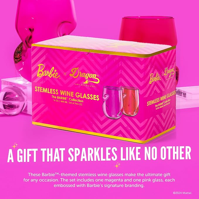 Dragon Glassware x Barbie Stemless Wine Glasses, 16 oz Set of 2 | Pink & Magenta Wine Glasses; Stemless Design with Finger Indentations; Aerates Naturally; Official Barbie Merch - Image 5