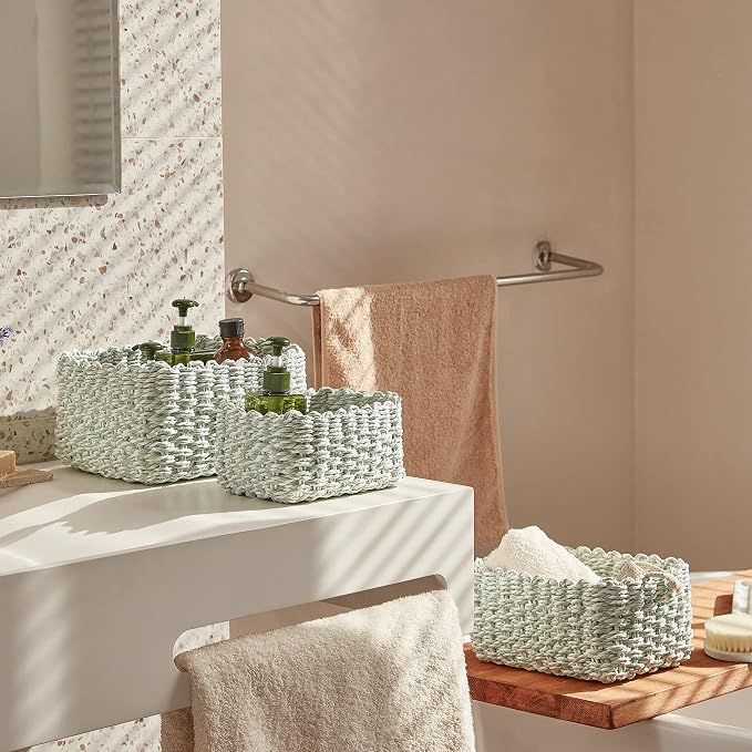 LA JOLIE MUSE Paper Rope Storage Baskets for Organizing, Recycled Wicker Storage Basket Container Bins for Shelves Cupboards Drawer, Small Woven Basket Set of 3 (Green White) - Image 2