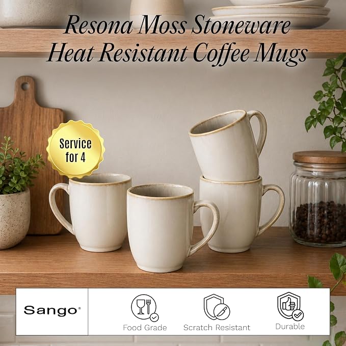 SANGO Resona Moss Stoneware Heat Resistant Coffee Mugs, Microwave and Oven Safe, 12 oz, White, 4 Count - Image 2