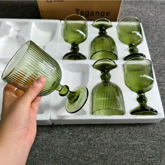 Taganov Green Drinking Glasses set of 6 Big Wine Goblets Vintage Colored Glassware 13 oz for Wedding Party Bar Vertical Line Embossed Pattern Stemmed Cups 400ml - Image 2