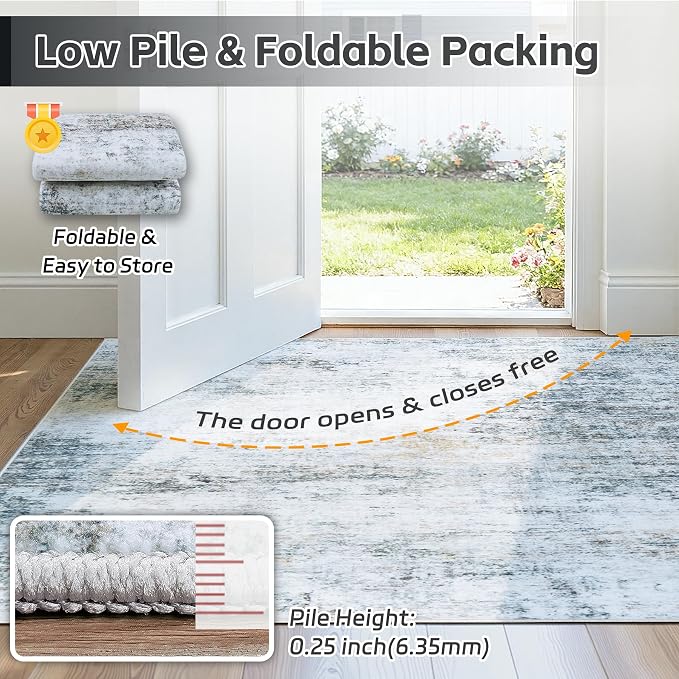 9x12 Washable Area Rug for Living Room Bedroom: Non-Slip Modern Blue Grey | Machine Washable TPR Backing, Stain-Resistant Low Pile, Pet & Kid Friendly, Abstract Decor for Dining Room, Dorm, Home Office - Image 7