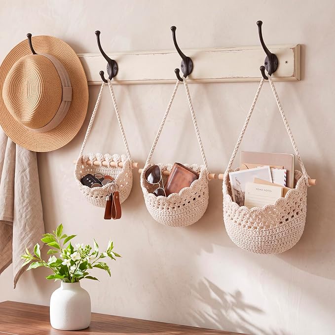 Honeydak Boho Decor Hanging Wall Baskets for Kitchen 3 Pack Teardrop Baskets with Hooks Storage Fruit Onion Vegetable Potato for Home(White,Lace,Cotton Rope) - Image 7