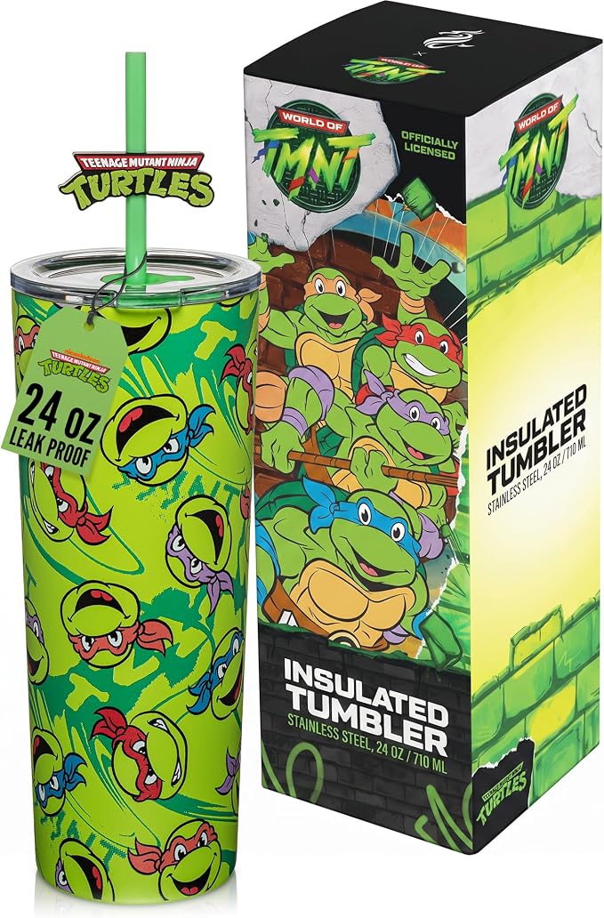 Dragon Glassware x Teenage Mutant Ninja Turtles Insulated Tumbler, 24 oz | Vacuum Insulated Stainless Steel Tumbler with Straw & Lid; Double Walled TMNT Tumbler with Straw Topper; Ninja Turtle Cup by DragonGlassware