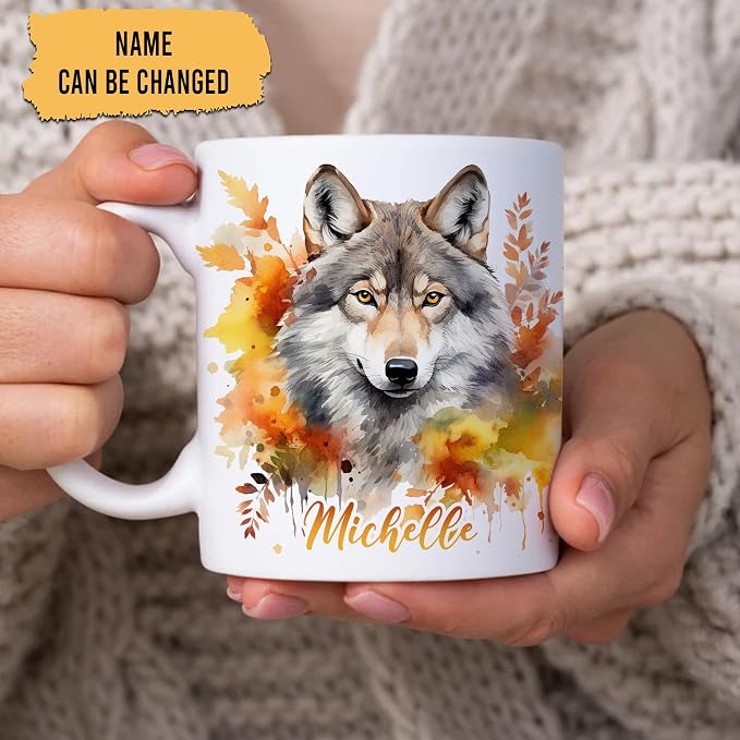 Hyturtle Personalized Fall Wolf Coffee Mug, Fall Autumn Décor | Birthday Gifts For Wolf Lovers - Wolves Gift Ideas For Farmhouse Thanksgiving - Custom Name 11oz White Ceramic Coffee Tea Mug - Image 2