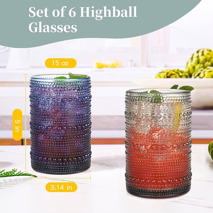 Colored Hobnail Drinking Glasses Set of 6, 15 oz Vintage Highball Glasses, Drinkware Kitchen Glasses for Cocktail, Iced Coffee, Beer, Ice Tea, Wine, Whiskey, Water - Image 3