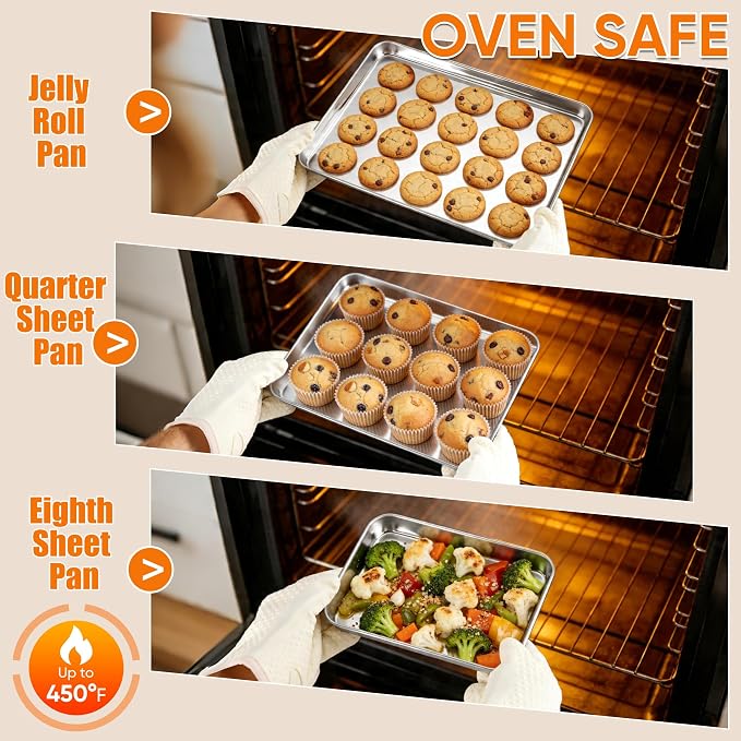 LIANYU Stainless Steel Baking Sheets, 16/12.4/9.2In Cookie Sheet Pan 3Pack | Jelly Roll/ Quarter Sheet/ Eighth Sheet, Toaster Oven Pan Cookie Baking Tray, Non Toxic, Heavy Duty, Dishwasher Safe - Image 4