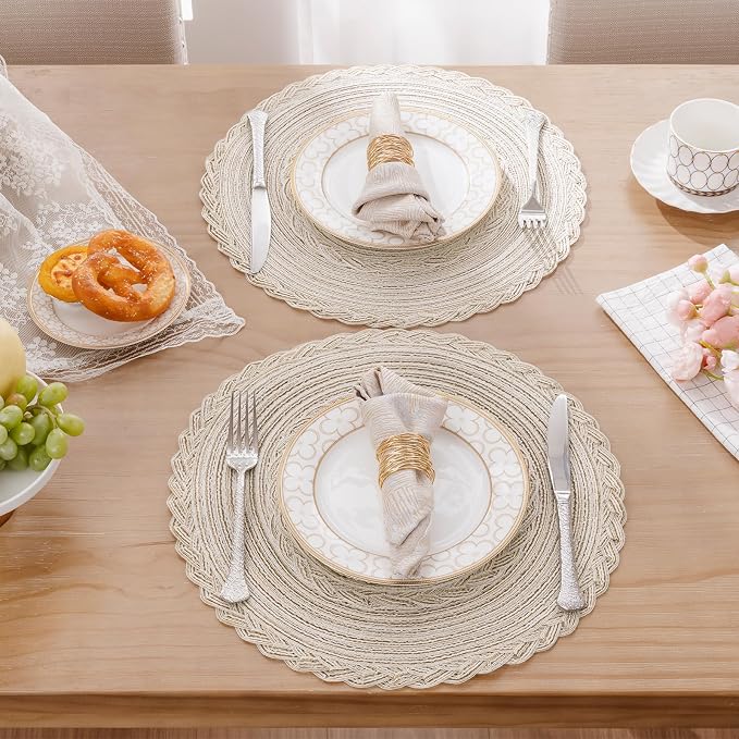 SHACOS 15 inch Round Braided Placemats Set of 12 for Dining Table Woven Boho Place Mats Kitchen Placemat Washable Table Mats, Ivory Bordered - Image 2