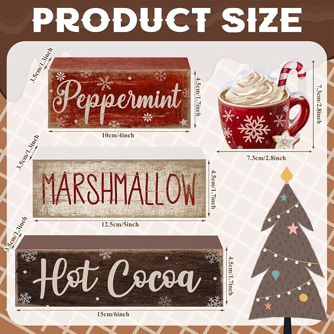 Moucuny 4 Pcs Christmas Table Decor Wooden Hot Cocoa Decoration Christmas Centerpiece Winter Tiered Tray Decor Decorative Red Hot Cocoa Block Signs Farmhouse Xmas Decoration for Home - Image 3