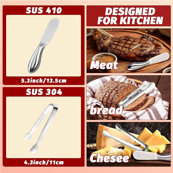 Butter Spreader Knife Set 8 PCS Stainless Steel Cheese Butter Spreader Knives and Mini Serving Tongs for Cheese Cold Butter Jam Appetizers Pastry Charcuterie Accessories Kitchen Utensils - Image 2