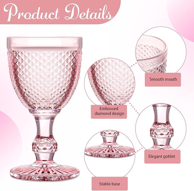 Bokon 12 Pack Pink Glass Goblets Set 10 oz High Clear Wine Glass Vintage Water Goblets Cups Embossed Diamond Design Glassware with Stem for Drinking Juice Liquor Party Wedding Bar - Image 3