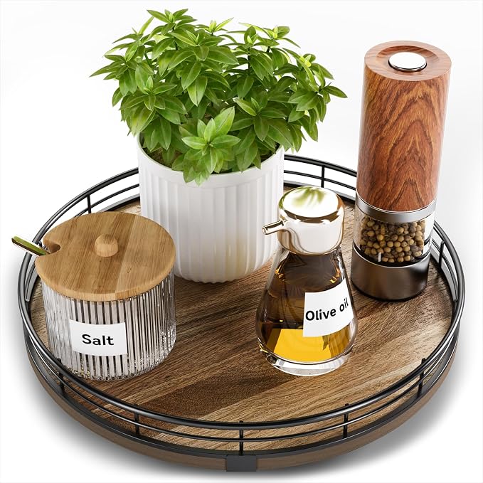 Acacia Wood 10" Lazy Susan Turntable Organizer for Table Top, Farmhouse Round Wooden Lazy Susan for Cabinet Kitchen Centerpieces Coffee Table, for Condiments Spices, Bathroom Vanity Tray Decor by HGF