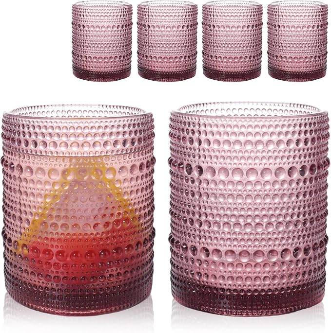 Set of 4 Hobnail Drinking Glasses, 12oz, Vintage Jupiter Drinking Glasses,Embossed Old Fsahioned Glassware for Beer,Water,Juice,Cocktail,Whiskey,Gift (Red Purple, Small) by WeirdUncle