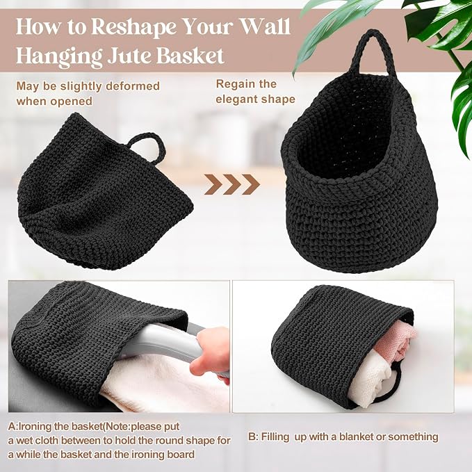 Honeydak Boho Decor Hanging Wall Baskets for Kitchen 3 Pack Teardrop Baskets with Hooks Storage Fruit Onion Vegetable Potato for Home 3 Sizes(Black,Barrel,Cotton Rope) - Image 5