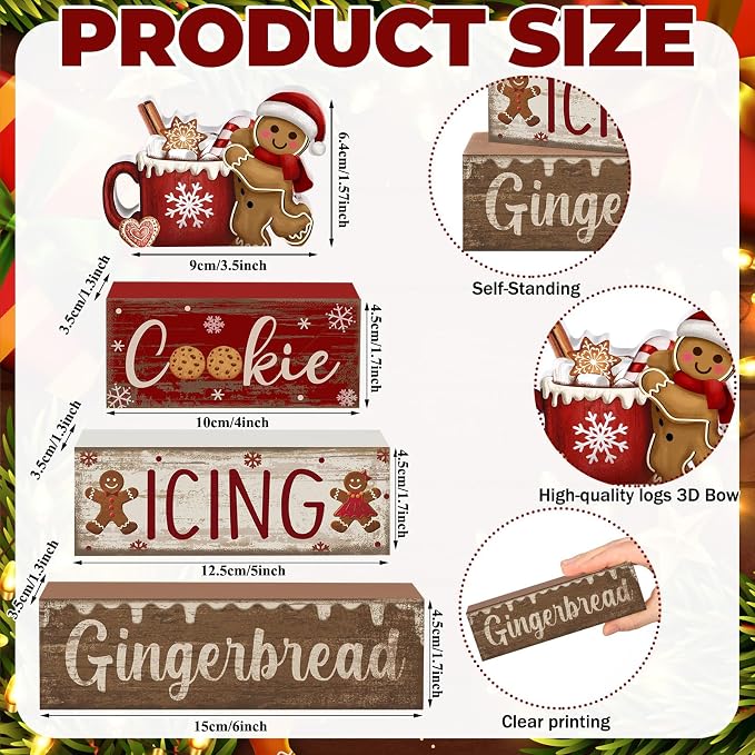 Moucuny 4 Pcs Christmas Table Decor Wooden Gingerbread Cocoa Decoration Christmas Centerpiece Winter Tiered Tray Decor Gingerbread Man Cocoa Block Signs Gift Farmhouse Xmas Decoration for Home Kitchen - Image 4
