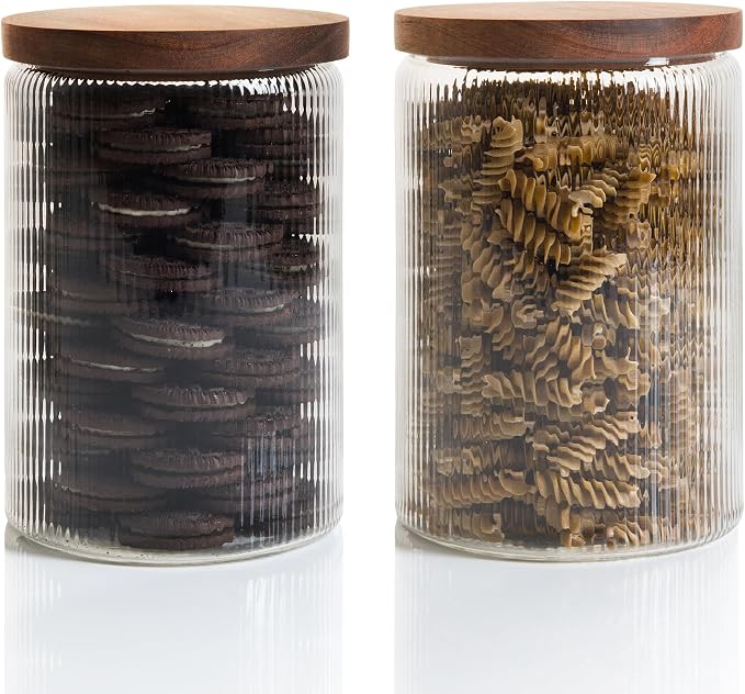 Mason & Fable Ribbed Glass Jar with Wooden Lid 70fl.oz- Set of 2 | Airtight Fluted Storage Container for Cookies, Pasta, Coffee, Dog Treats, Snacks | Organization Canisters for Home & Kitchen by MasonFable