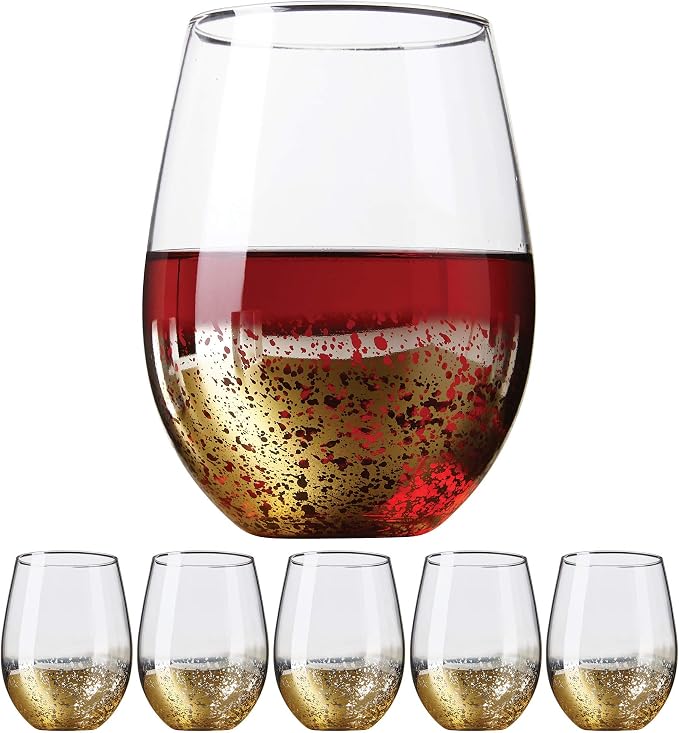 Kitchen Lux 18 oz Gold Rimmed Stemless Wine Glasses for Parties – Set of 6 Gold Wine Glass Cocktail Tumblers – Large Crystal Clear Wine Cups - Deluxe Glassware Gift for Christmas - Dishwasher Safe by KitchenLux