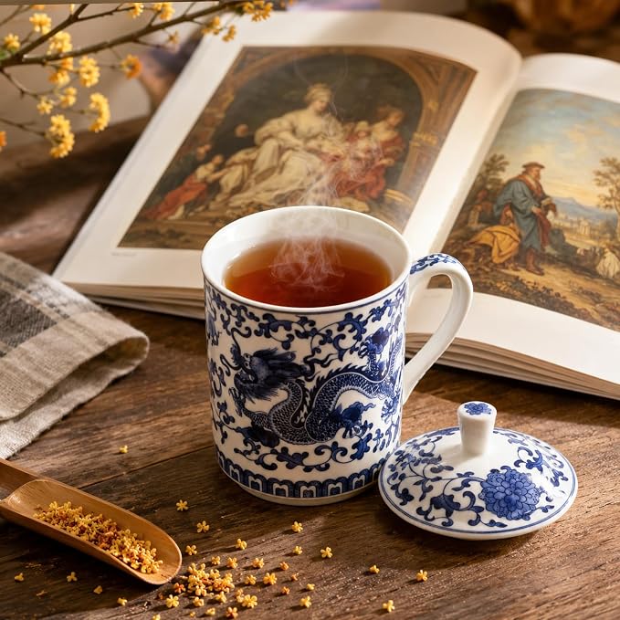 Peohud Set of 2 Porcelain Chinese Tea Cup with Lid, 12 Oz Bone China Coffee Tea Mug for Travel Home Office, Dishwasher Safe, Blue Dragon - Image 7