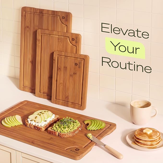 ROYAL CRAFT WOOD Wooden Cutting Boards for Kitchen Meal Prep & Serving - Bamboo Non Toxic Cutting Board Set with Deep Juice Groove Side Handles - Charcuterie & Chopping Butcher Block for Meat (4 Pcs) - Image 8