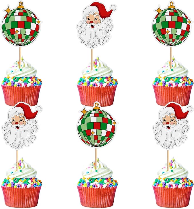 24PCS Christmas Cupcake Toppers- Santa Claus、Disco Ball、Picks Merry Christmas Theme Holiday Baby Shower Birthday Party Cake Decorations Supplies by Cyodoos