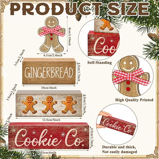 Moucuny 4 Pcs Christmas Table Decor Gingerbread Man Decoration Christmas Centerpiece Winter Tiered Tray Decor Rustic Gingerbread Block Signs Gift Winter Table Decoration for Xmas Party Kitchen Home - Image 2
