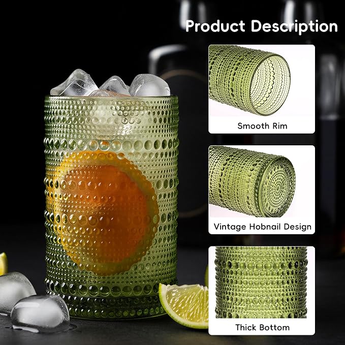 Moretoes Vintage Hobnail Drinking Glasses Set of 12,Green Water Glass Cups | Mixed Glassware Set, 6pcs 12oz Highballs and 6pcs 10oz Old Fashioned Glasses, Great for Cocktail, Whisky and Other Beverages - Image 5