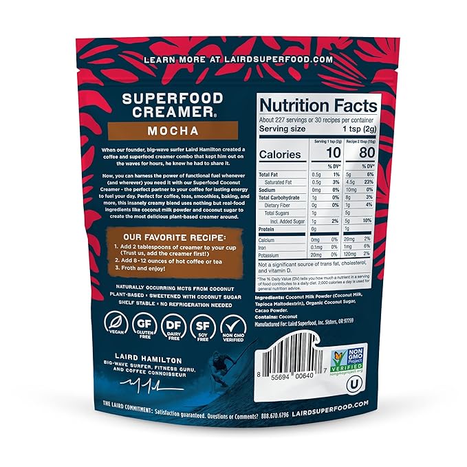 Laird Superfood Non-Dairy Coffee Creamer Mocha, Shelf-Stable Superfood Non-Dairy Powder Creamer, Gluten Free, Non-GMO, Vegan, 16 oz. Bag, Pack of 1