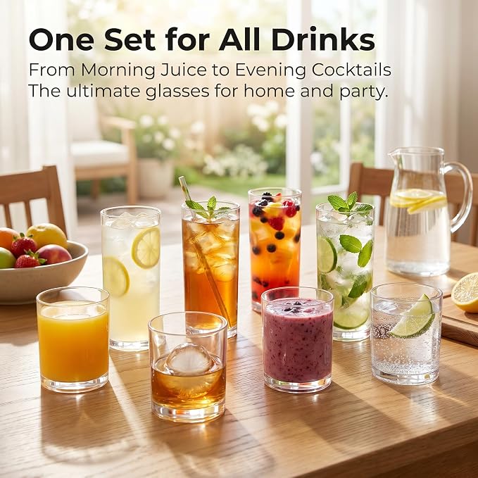 Meolibour® Acrylic Drinking Glasses Set of 8, 14oz Rocks & 20oz Water Cups, Unbreakable Plastic Drinkware, Clear Kitchen Tumblers for Home Outdoors, Reusable, BPA-Free, Top-Rack Dishwasher Safe - Image 6