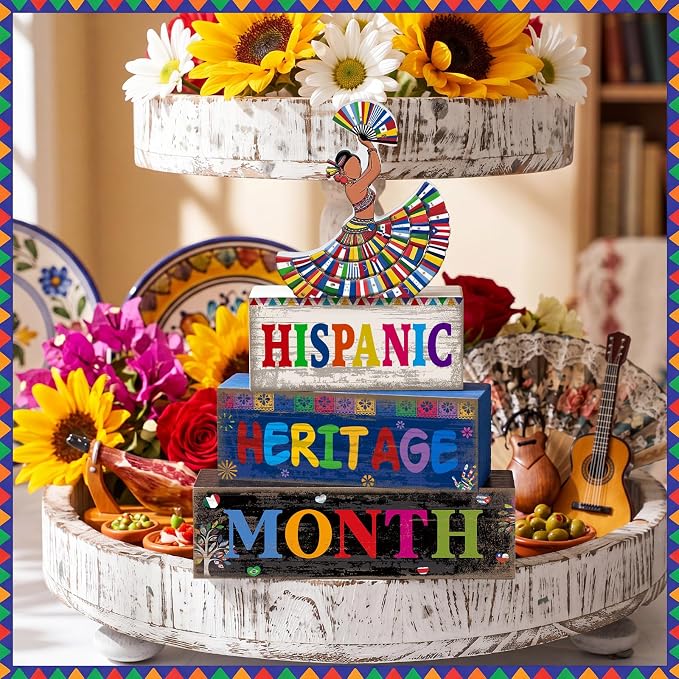Moucuny 4 Pcs Hispanic Heritage Month Table Decorations Colorful Wooden Dancer Stacked Blocks Decor Latino Heritage Month Decorations Spanish Centerpieces Decor for Home Office Table Tiered Tray - Image 4