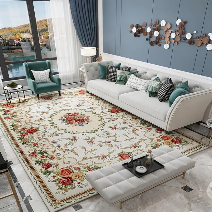 Vintage Rustic Shabby Rose Rugs Luxury Soft Elegant Traditional Rugs Floral Accent Carpet for Home Living Room/Bedroom, 6′6″ × 9′6″, Country Rose by Ukeler
